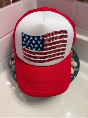 Red and White Trucker Hat with American Flag NWOT